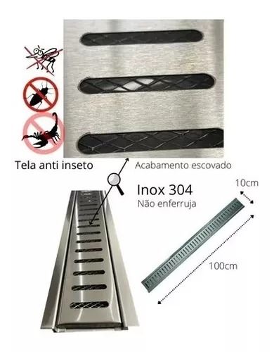 Ralo Linear Inox 10x100 Polido Grelha Aro  Abas c/Tela