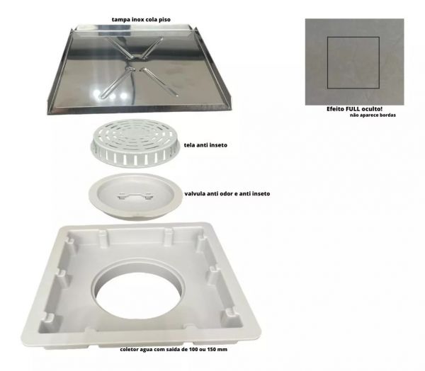 Ralo 15x15 cm inox invisível Anti Odor/inseto inteligente
